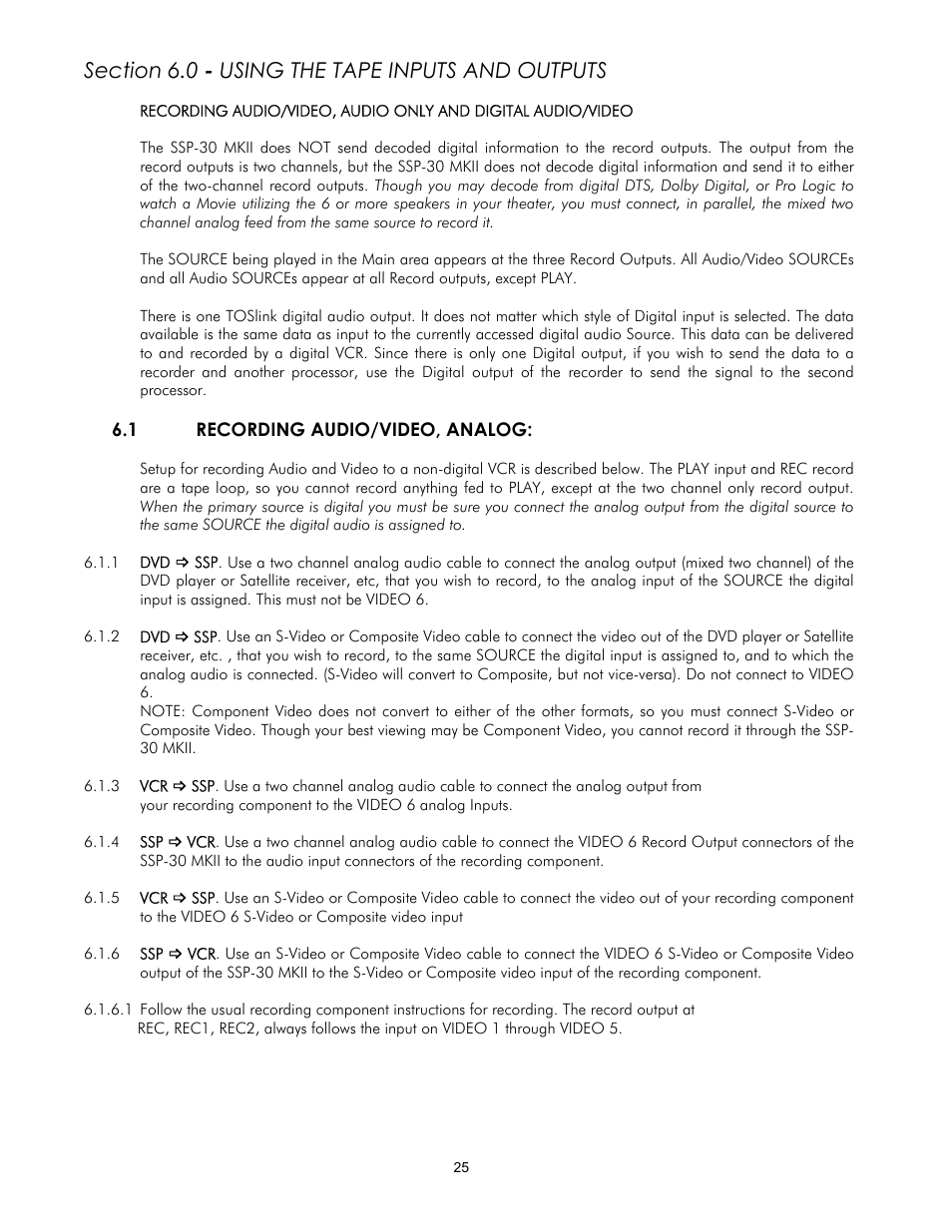 Section 6.0 - using the tape inputs and outputs, 1recording audio/video, analog | Classe Audio SSP-30 MKII User Manual | Page 25 / 32