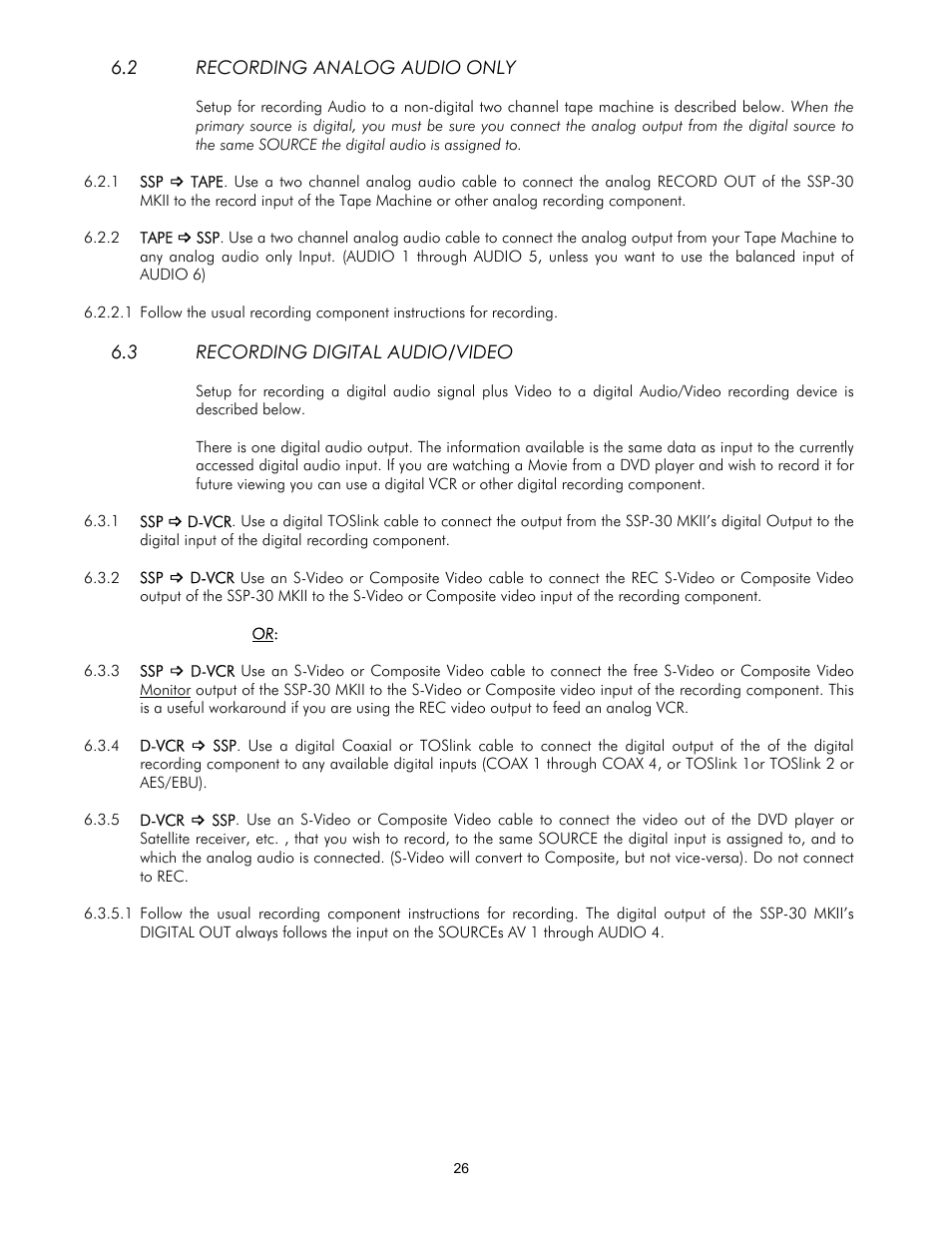 2recording analog audio only, 3recording digital audio/video | Classe Audio SSP-30 MKII User Manual | Page 26 / 32