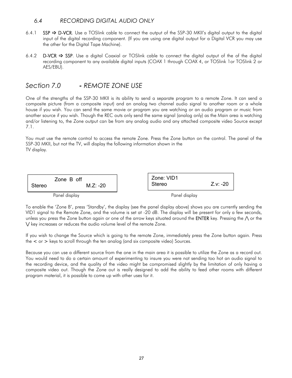 4recording digital audio only, Section 7.0 - remote zone use | Classe Audio SSP-30 MKII User Manual | Page 27 / 32