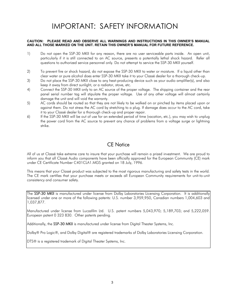 Important: safety information, Ce notice | Classe Audio SSP-30 MKII User Manual | Page 3 / 32