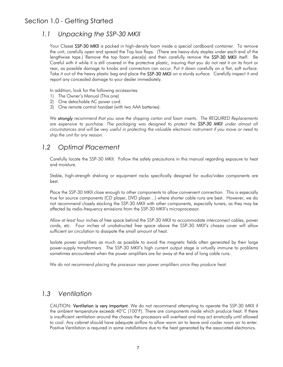Section 1.0 - getting started, 1unpacking the ssp-30 mkii, 2optimal placement | 3ventilation, Unpacking the ssp-30 mkii, Optimal placement, Ventilation, 1 unpacking the ssp-30 mkii, 2 optimal placement, 3 ventilation | Classe Audio SSP-30 MKII User Manual | Page 7 / 32