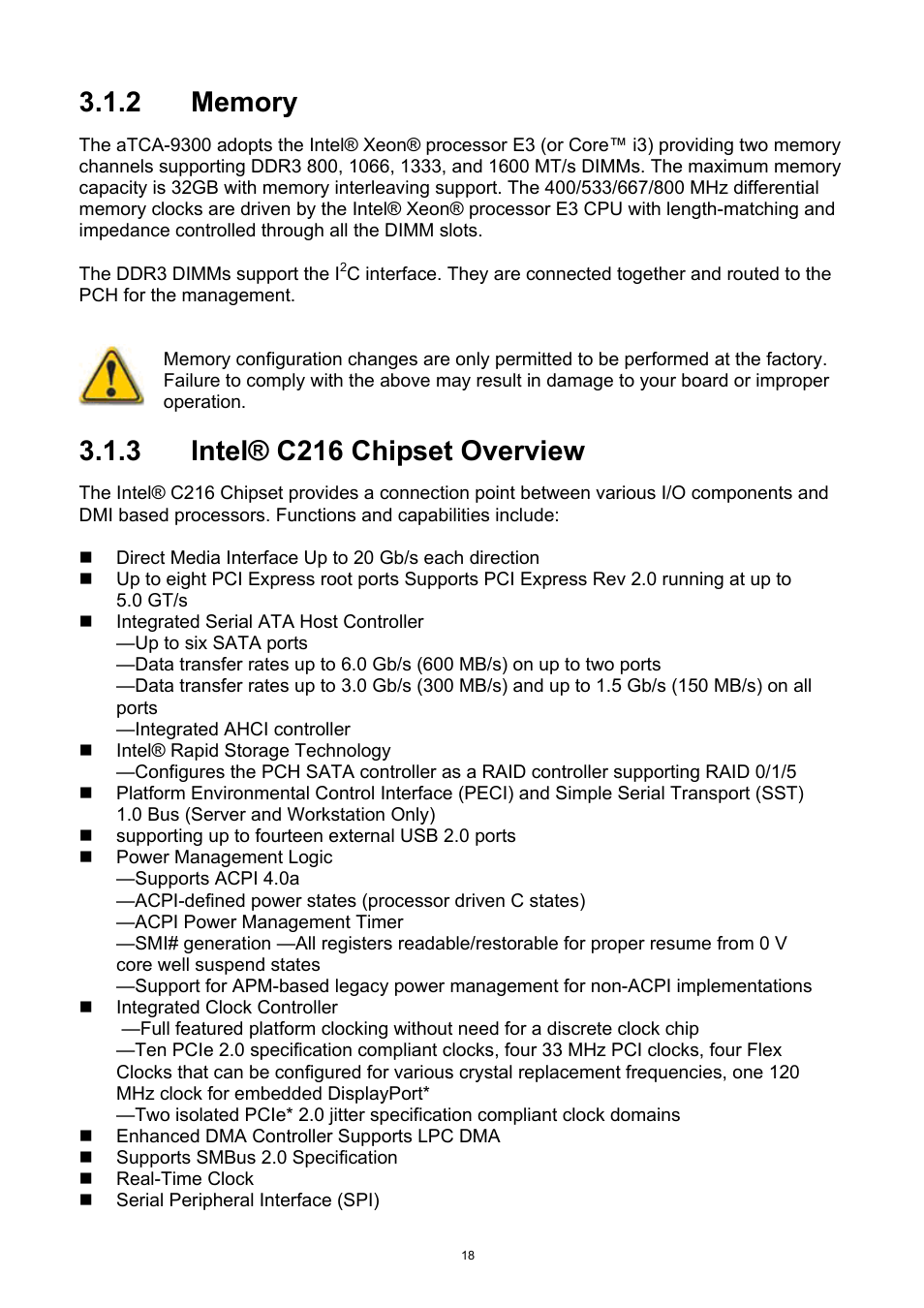 Memory, Intel® c216 chipset overview, 3 intel® c216 chipset overview | ADLINK aTCA-9300 User Manual | Page 18 / 80