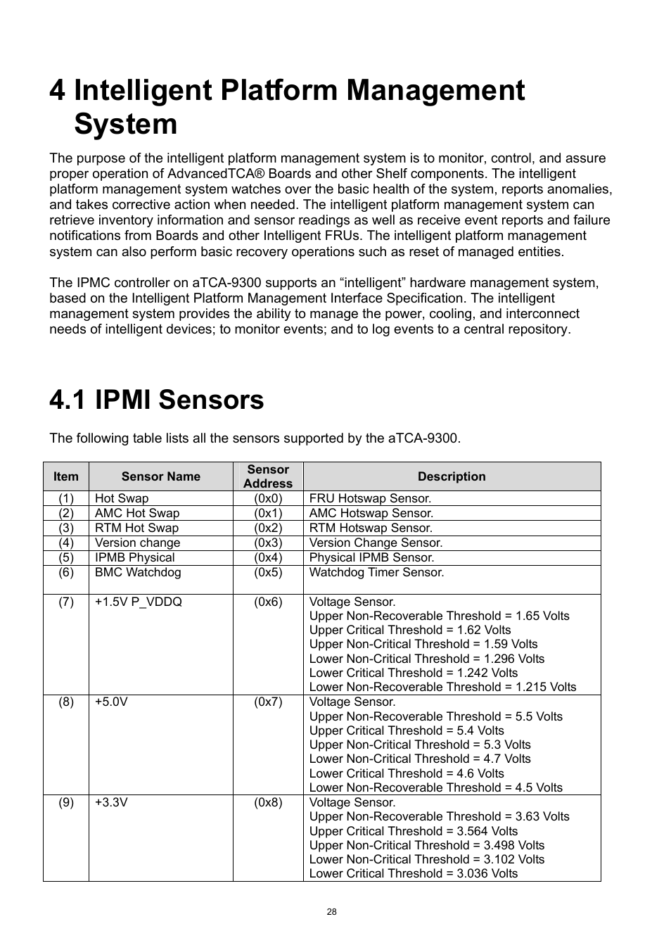 4 intelligent platform management system, 1 ipmi sensors, Intelligent platform management system | Ipmi sensors | ADLINK aTCA-9300 User Manual | Page 28 / 80