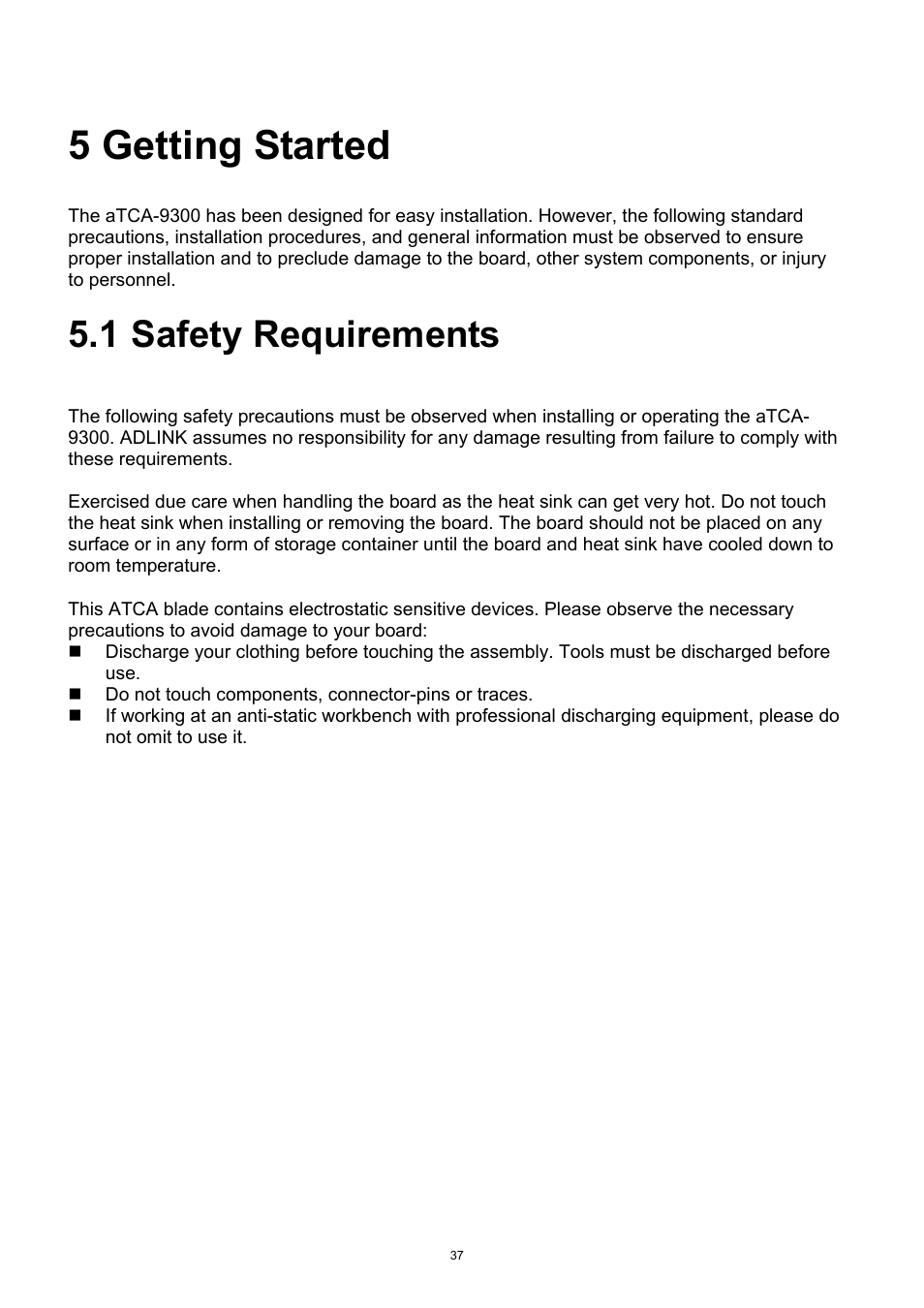 5 getting started, 1 safety requirements, Getting started | Safety requirements | ADLINK aTCA-9300 User Manual | Page 37 / 80