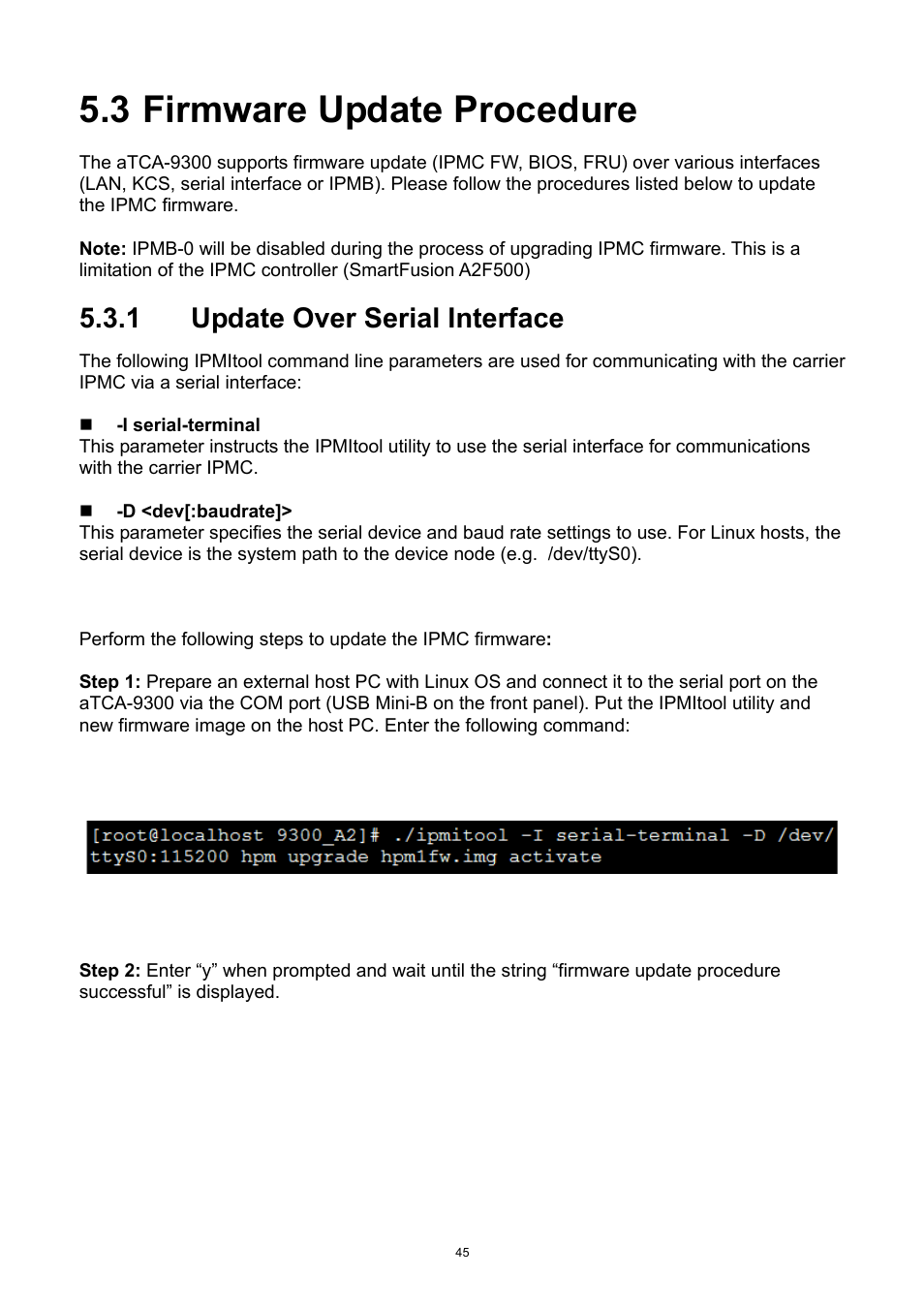 Firmware update procedure, Update over serial interface, 3 firmware update procedure | 1 update over serial interface | ADLINK aTCA-9300 User Manual | Page 45 / 80