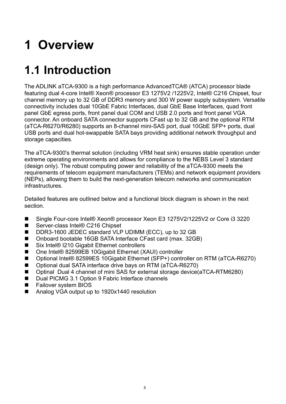 1 overview, 1 introduction, Overview | Introduction | ADLINK aTCA-9300 User Manual | Page 5 / 80