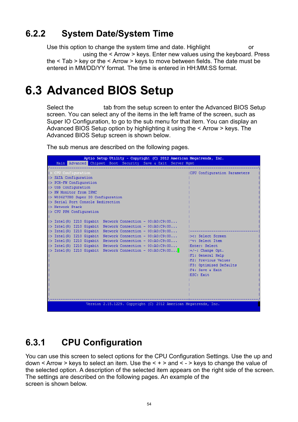 2 system date/system time, 3 advanced bios setup, 1 cpu configuration | System date/system time, Advanced bios setup, Cpu configuration | ADLINK aTCA-9300 User Manual | Page 54 / 80