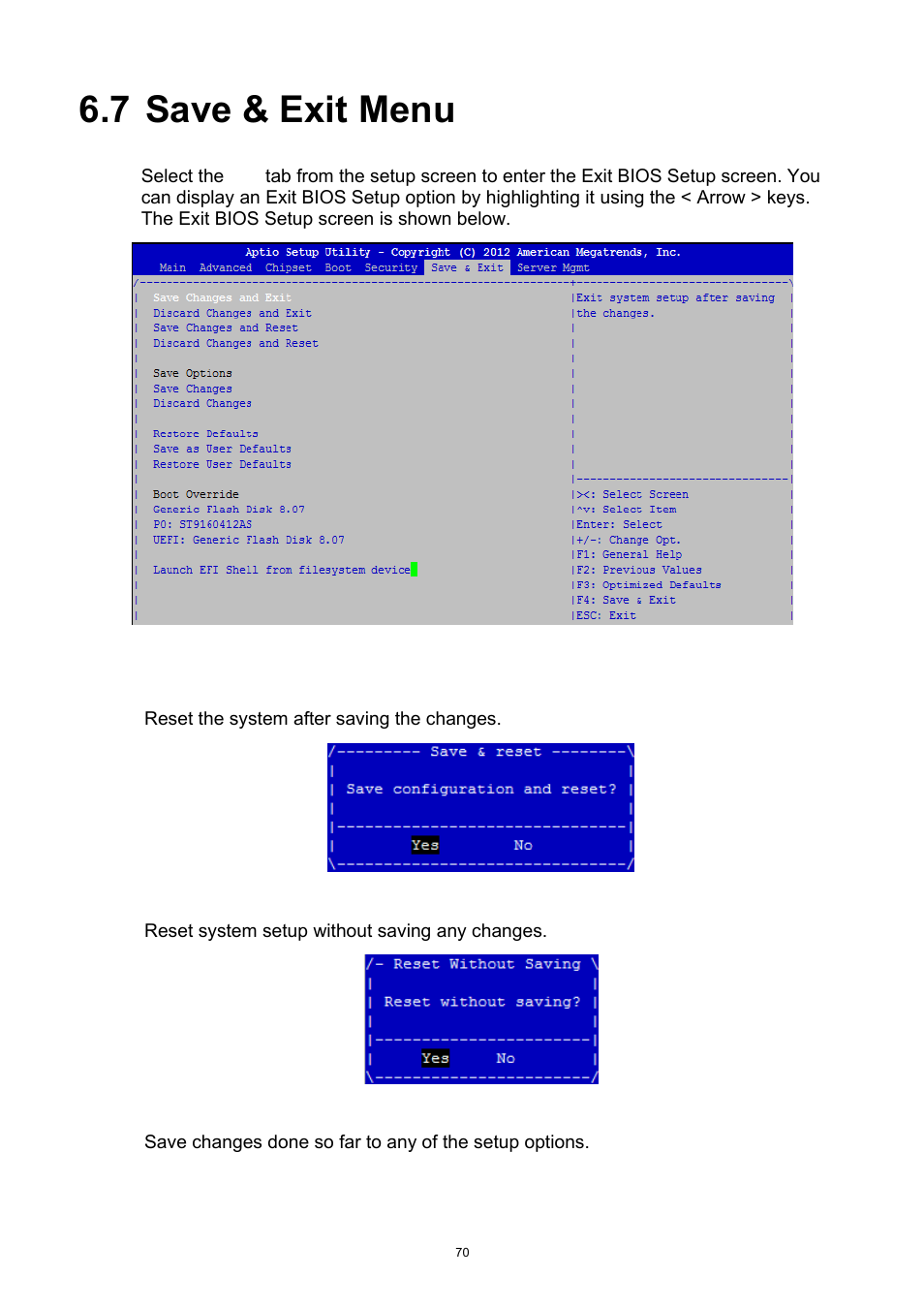 7 save & exit menu, Save & exit menu | ADLINK aTCA-9300 User Manual | Page 70 / 80