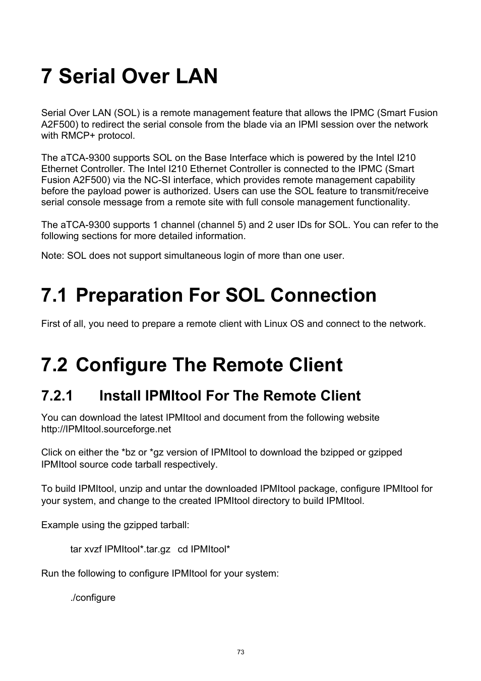 7 serial over lan, 1 preparation for sol connection, 2 configure the remote client | 1 install ipmitool for the remote client, Serial over lan, Preparation for sol connection, Configure the remote client, Install ipmitool for the remote client | ADLINK aTCA-9300 User Manual | Page 73 / 80