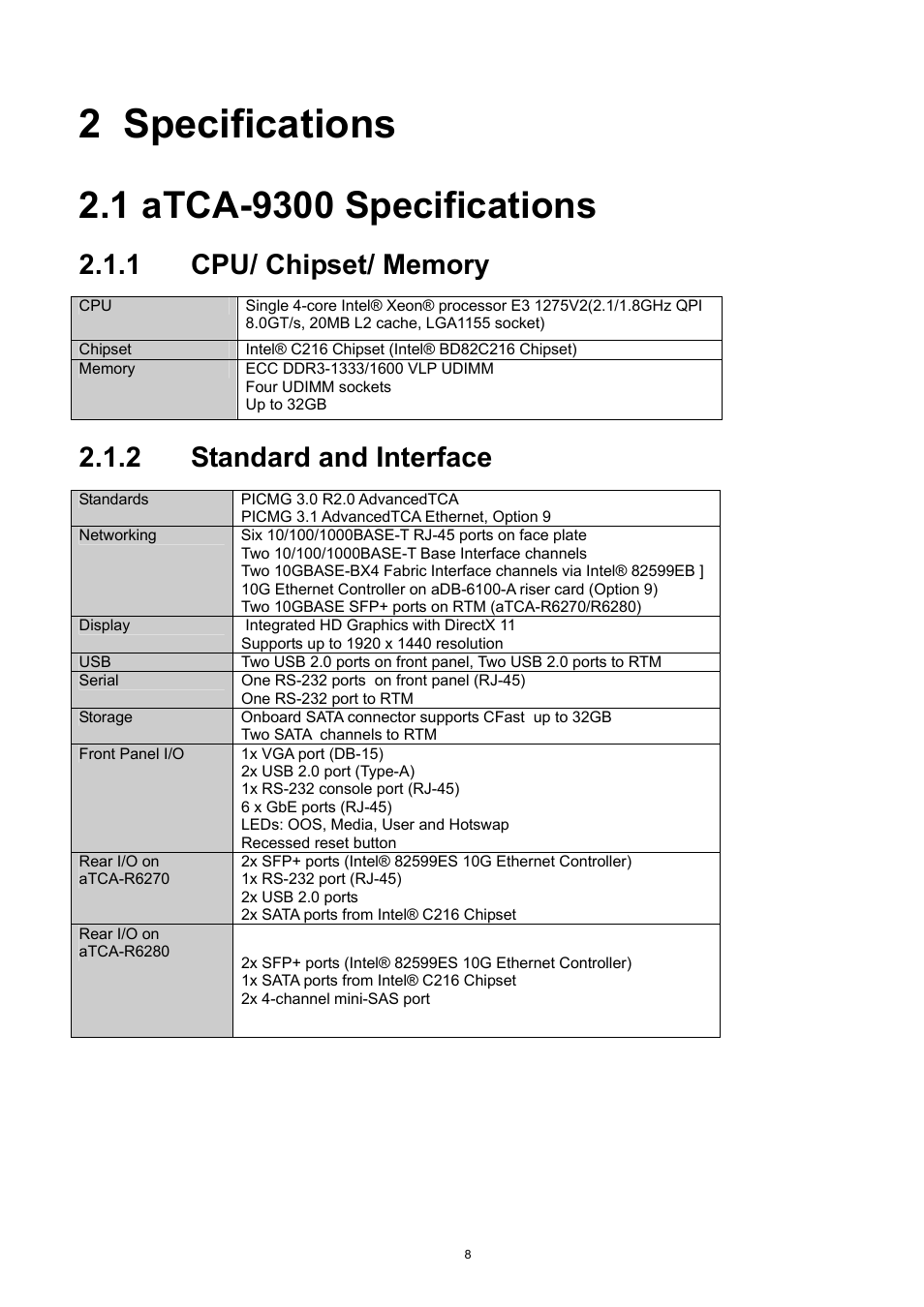 2 specifications, 1 atca-9300 specifications, Specifications | Atca-9300 specifications, Cpu/ chipset/ memory, Standard and interface, 2 standard and interface | ADLINK aTCA-9300 User Manual | Page 8 / 80