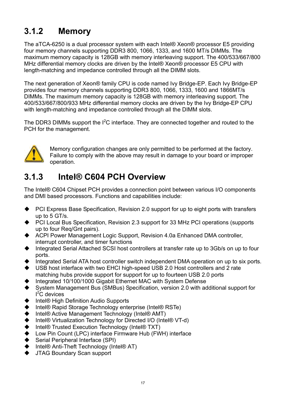 Memory, Intel® c604 pch overview, 3 intel® c604 pch overview | ADLINK aTCA-6250 User Manual | Page 17 / 91