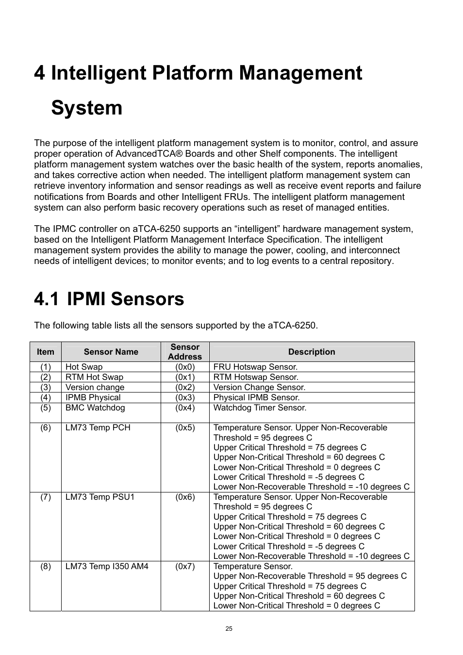 1 ipmi sensors, Intelligent platform management system, Ipmi sensors | 4 intelligent platform management system | ADLINK aTCA-6250 User Manual | Page 25 / 91