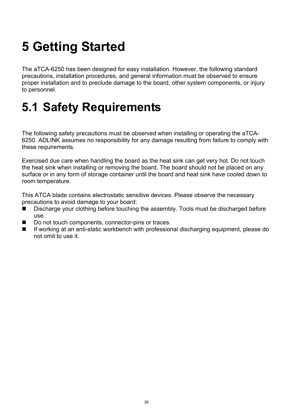 5 getting started, 1 safety requirements, Getting started | Safety requirements | ADLINK aTCA-6250 User Manual | Page 39 / 91