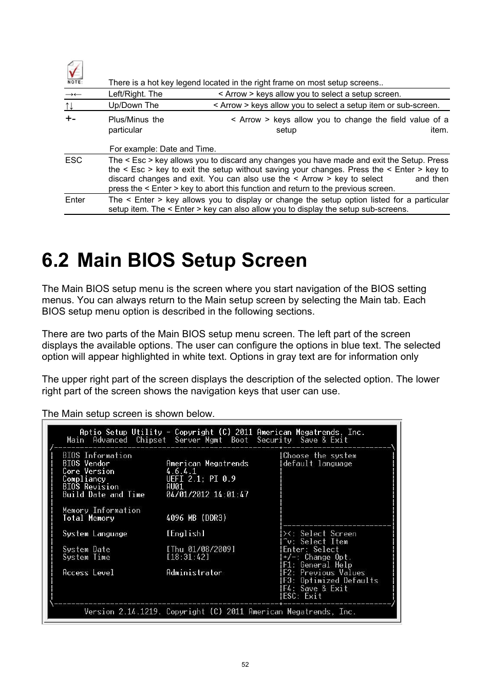 2 main bios setup screen, Main bios setup screen | ADLINK aTCA-6250 User Manual | Page 52 / 91