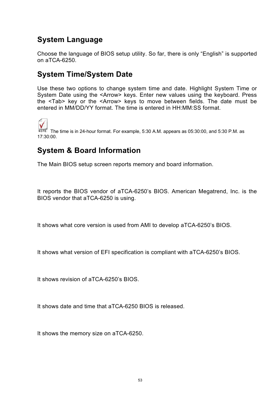 System language, System time/system date, System & board information | ADLINK aTCA-6250 User Manual | Page 53 / 91