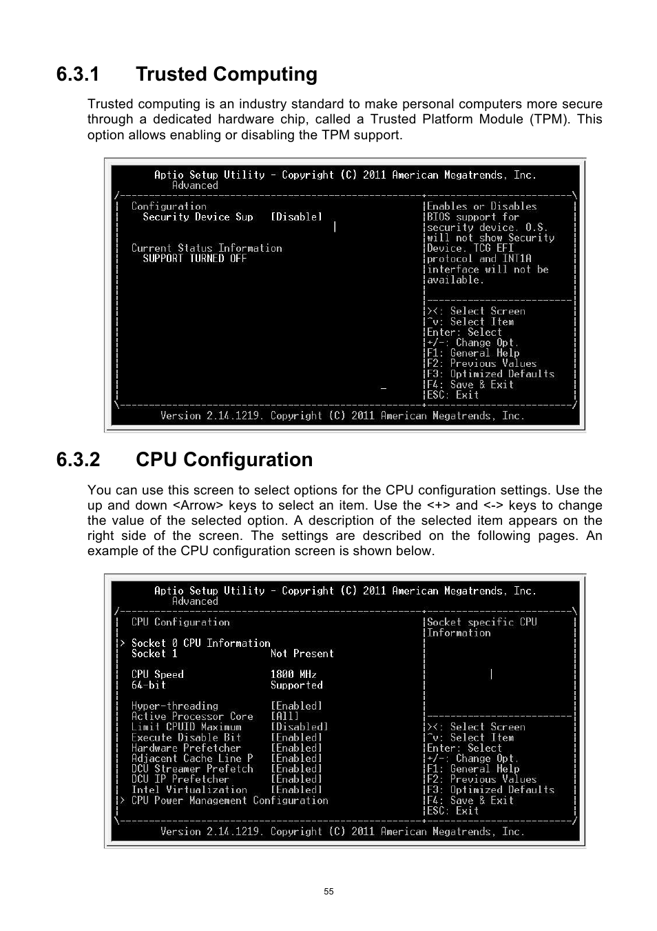 Trusted computing, Cpu configuration, 1 trusted computing | 2 cpu configuration | ADLINK aTCA-6250 User Manual | Page 55 / 91