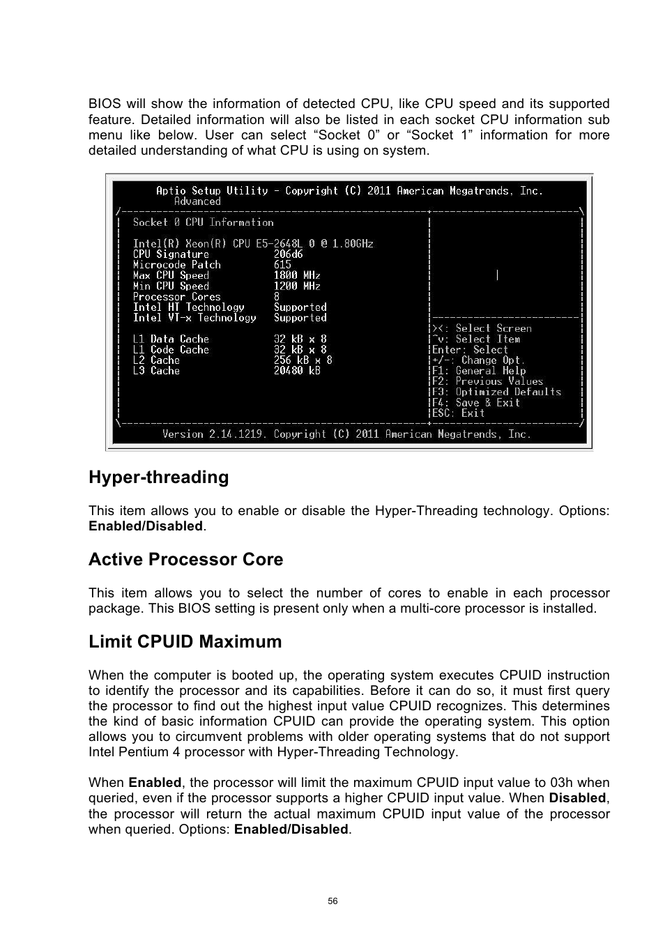 Hyper-threading, Active processor core, Limit cpuid maximum | ADLINK aTCA-6250 User Manual | Page 56 / 91