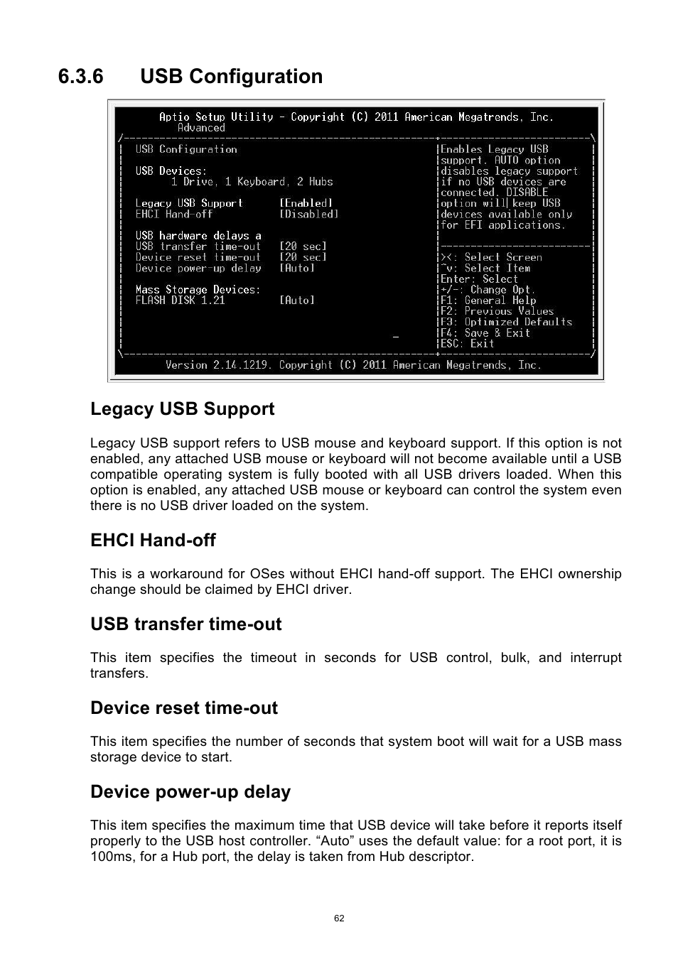 Usb configuration, 6 usb configuration, Legacy usb support | Ehci hand-off, Usb transfer time-out, Device reset time-out, Device power-up delay | ADLINK aTCA-6250 User Manual | Page 62 / 91