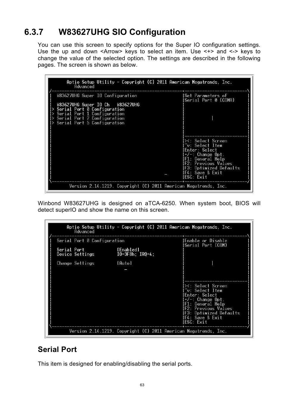W83627uhg sio configuration, Serial port | ADLINK aTCA-6250 User Manual | Page 63 / 91