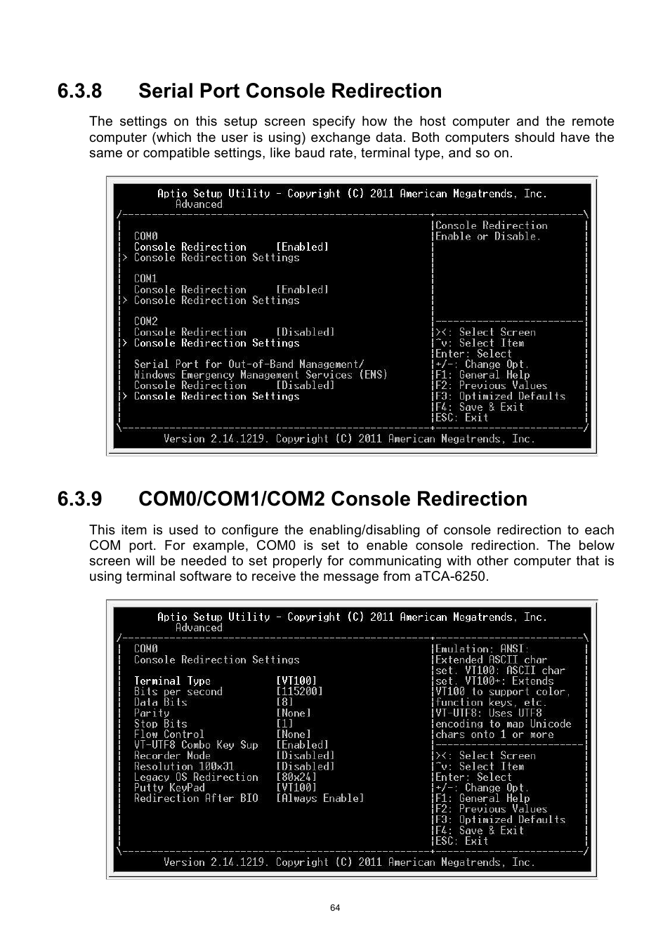 Serial port console redirection, Com0/com1/com2 console redirection, 8 serial port console redirection | 9 com0/com1/com2 console redirection | ADLINK aTCA-6250 User Manual | Page 64 / 91