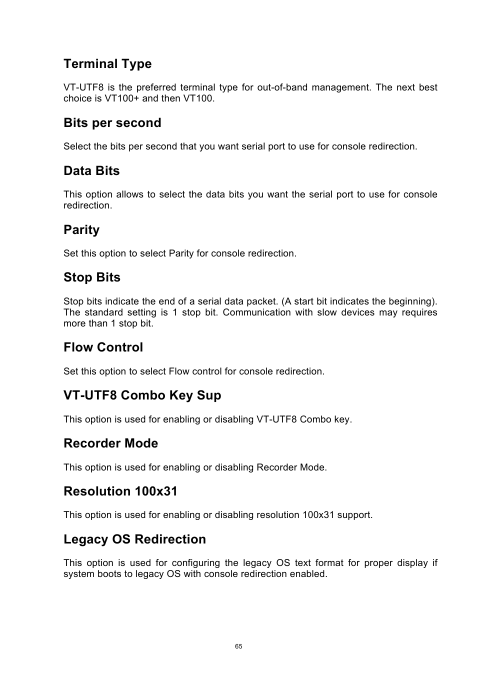 Terminal type, Bits per second, Data bits | Parity, Stop bits, Flow control, Vt-utf8 combo key sup, Recorder mode, Legacy os redirection | ADLINK aTCA-6250 User Manual | Page 65 / 91