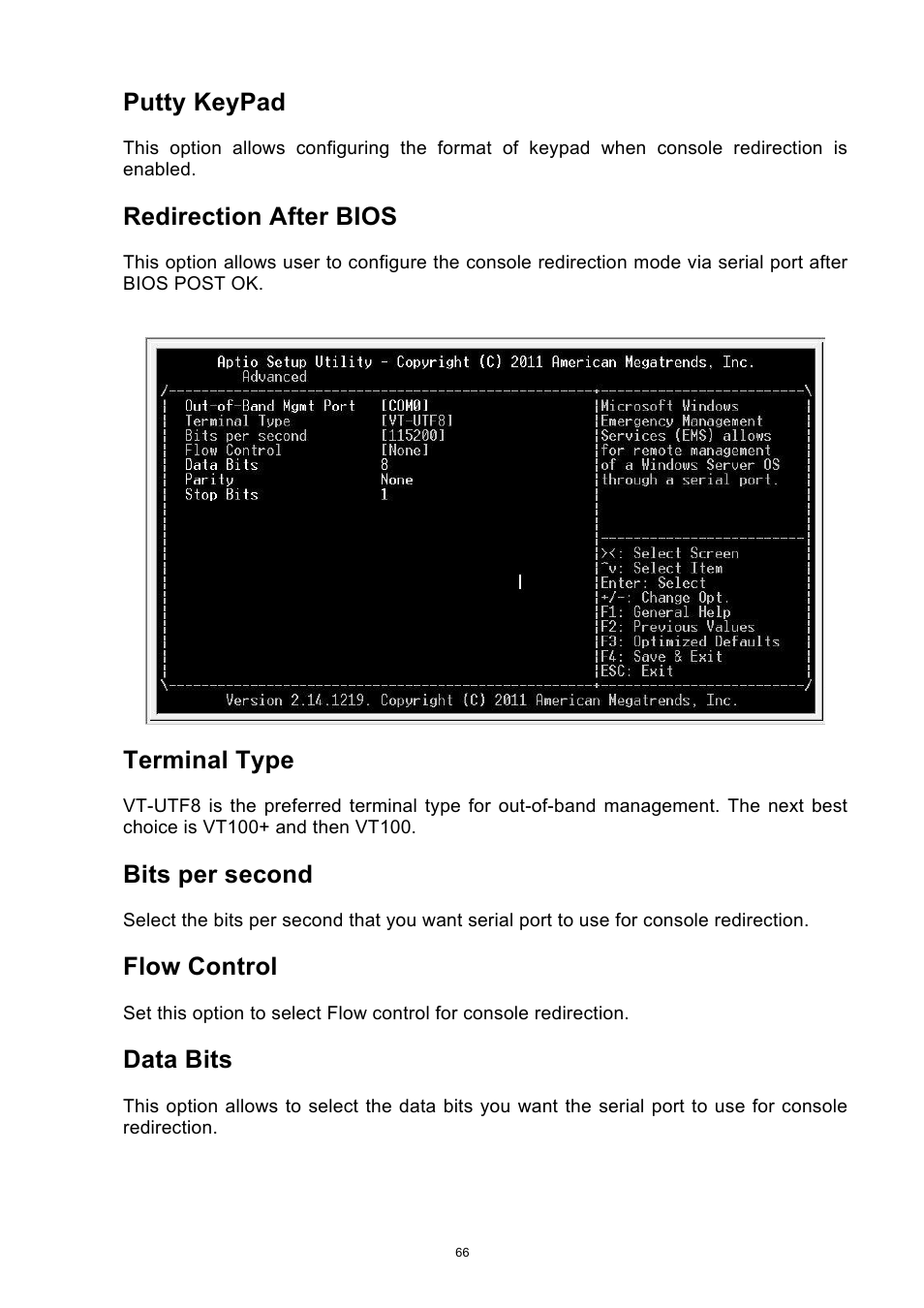 Putty keypad, Redirection after bios, Terminal type | Bits per second, Flow control, Data bits | ADLINK aTCA-6250 User Manual | Page 66 / 91