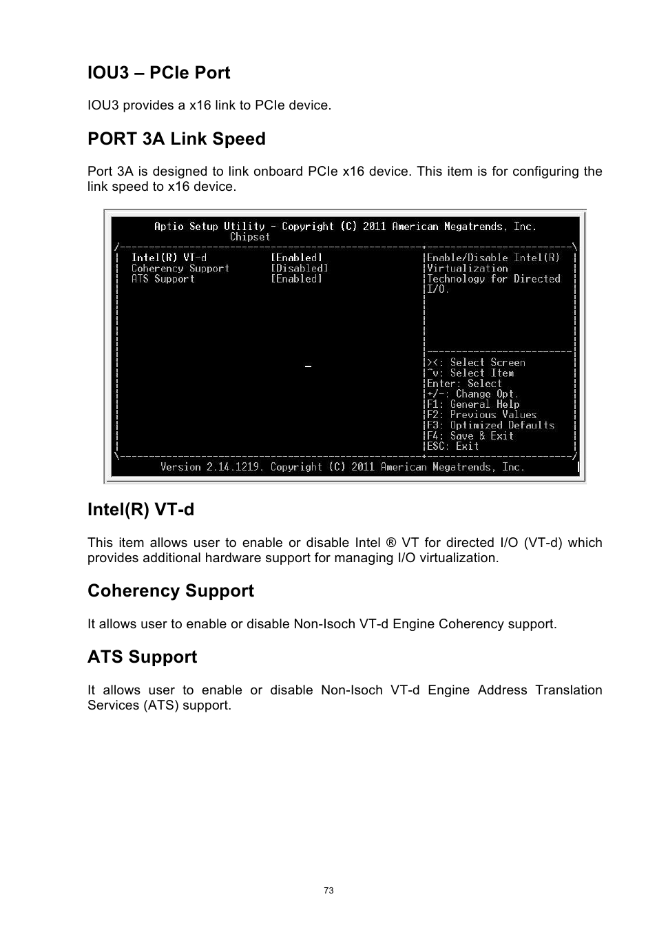 Iou3 – pcie port, Port 3a link speed, Intel(r) vt-d | Coherency support, Ats support | ADLINK aTCA-6250 User Manual | Page 73 / 91