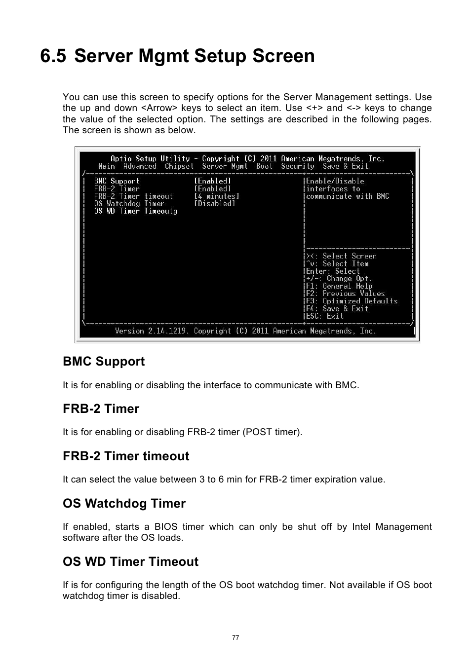 5 server mgmt setup screen, Server mgmt setup screen, Bmc support | Frb-2 timer, Frb-2 timer timeout, Os watchdog timer, Os wd timer timeout | ADLINK aTCA-6250 User Manual | Page 77 / 91