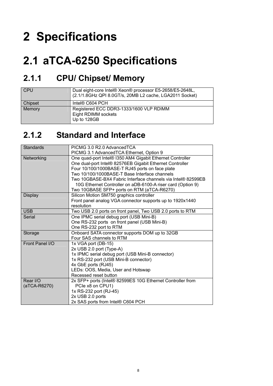 Specifications, Atca-6250 specifications, Cpu/ chipset/ memory | Standard and interface, 2 specifications, 2 standard and interface | ADLINK aTCA-6250 User Manual | Page 8 / 91