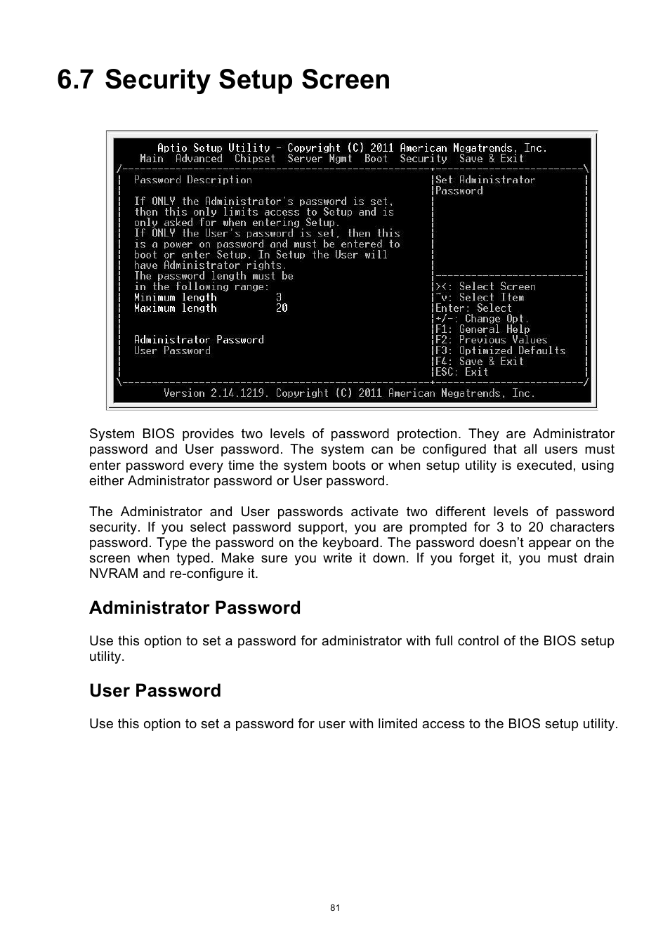 7 security setup screen, Security setup screen, Administrator password | User password | ADLINK aTCA-6250 User Manual | Page 81 / 91