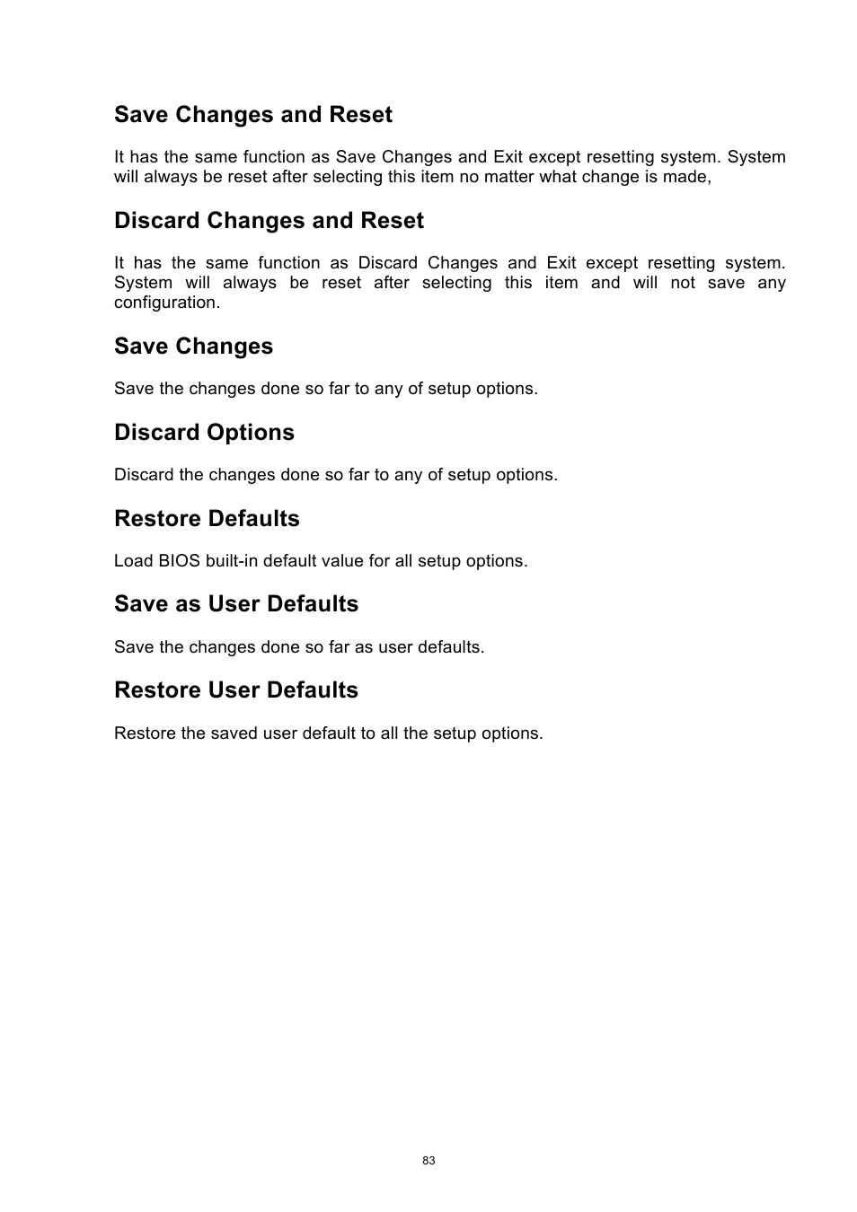 Save changes and reset, Discard changes and reset, Save changes | Discard options, Restore defaults, Save as user defaults, Restore user defaults | ADLINK aTCA-6250 User Manual | Page 83 / 91