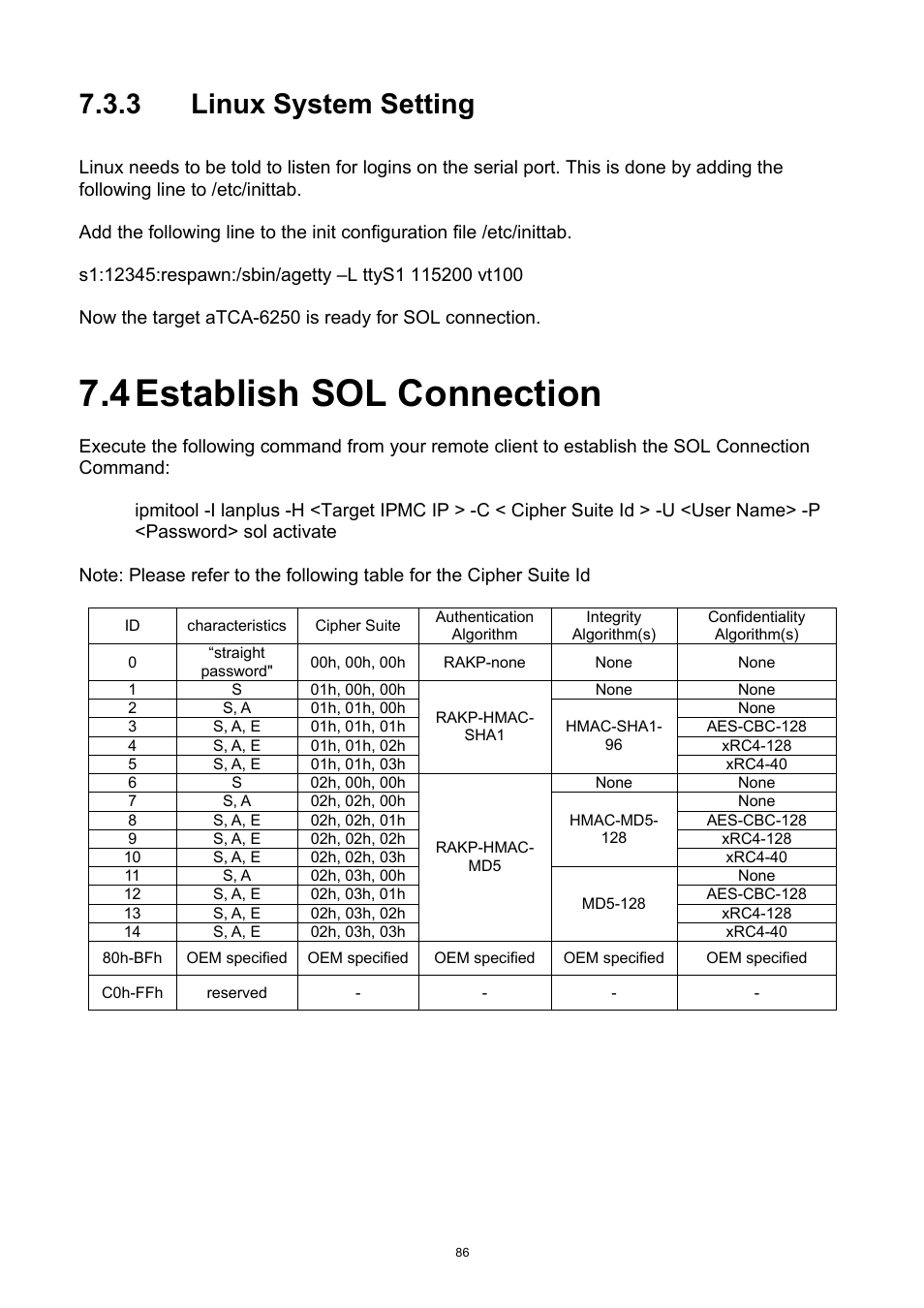 4 establish sol connection, Linux system setting, Establish sol connection | 3 linux system setting | ADLINK aTCA-6250 User Manual | Page 86 / 91