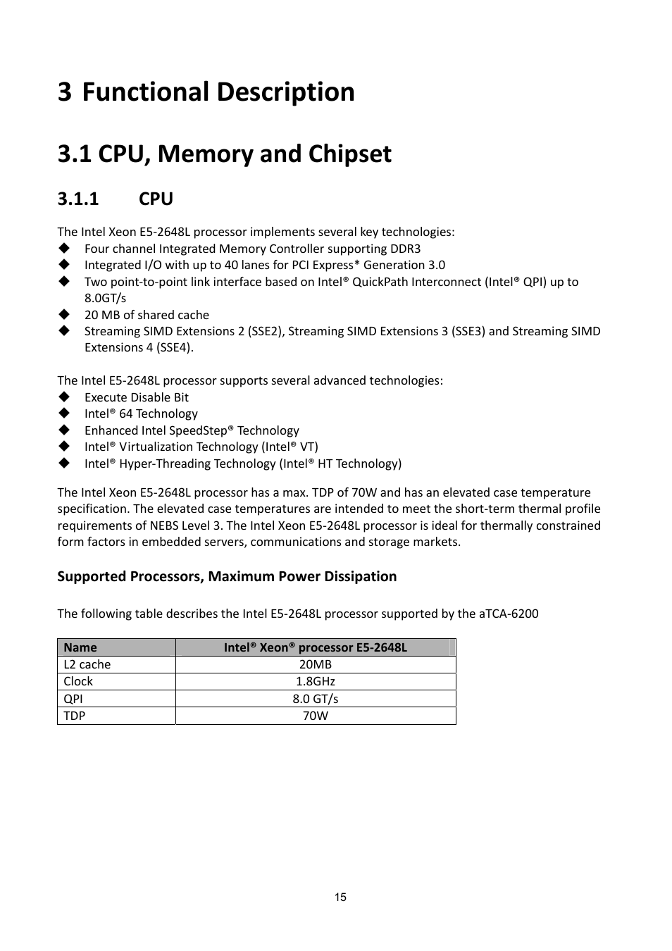 3 functional description, 1 cpu, memory and chipset, Functional description | Emory and, Hipset, 1 cpu | ADLINK aTCA-6200A User Manual | Page 15 / 91