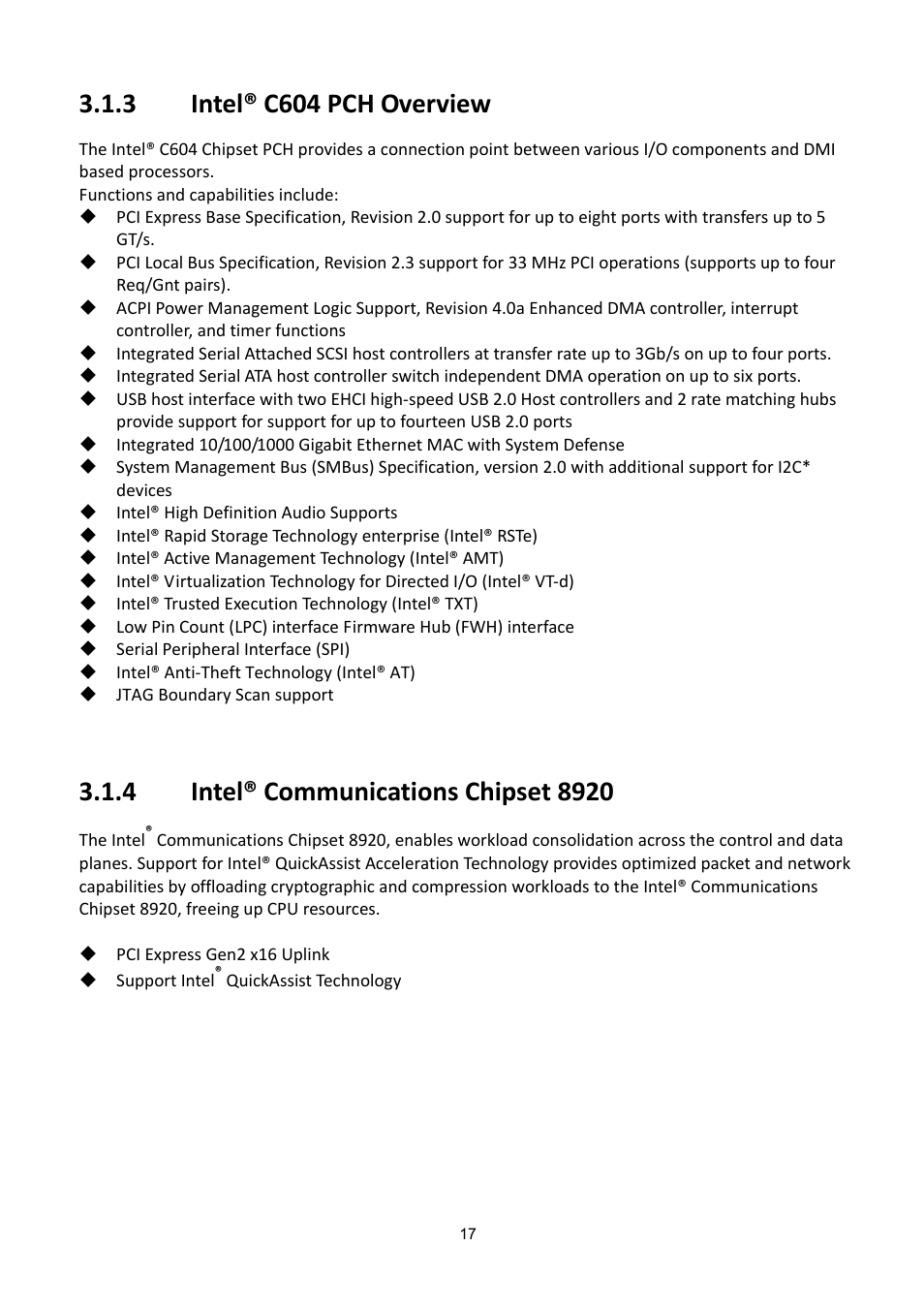 Ntel, C604, Verview | Ommunications, Hipset, 3 intel® c604 pch overview | ADLINK aTCA-6200A User Manual | Page 17 / 91