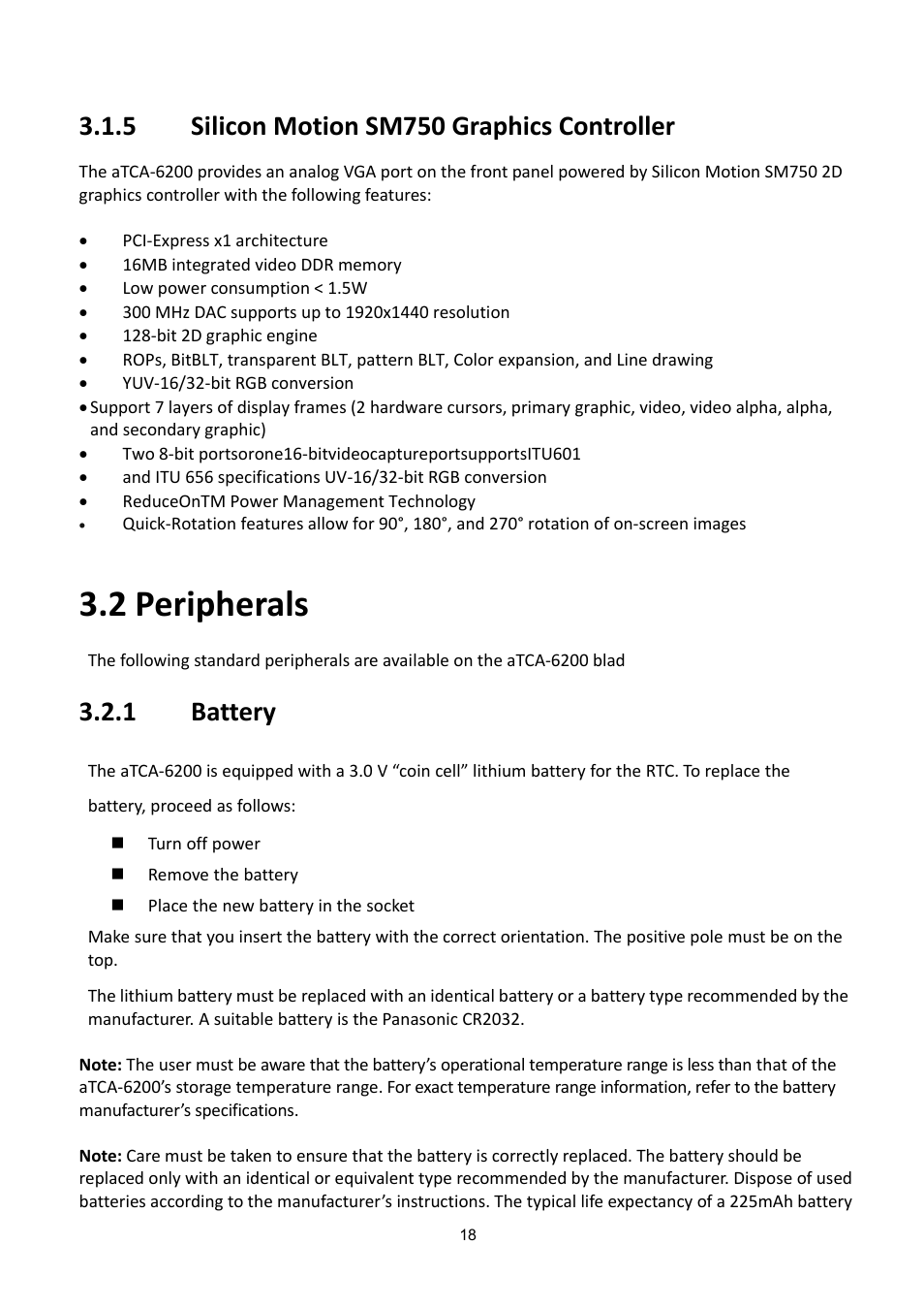 2 peripherals, Ilicon, Otion | Sm750, Raphics, Ontroller, Eripherals, Attery, 5 silicon motion sm750 graphics controller, 1 battery | ADLINK aTCA-6200A User Manual | Page 18 / 91