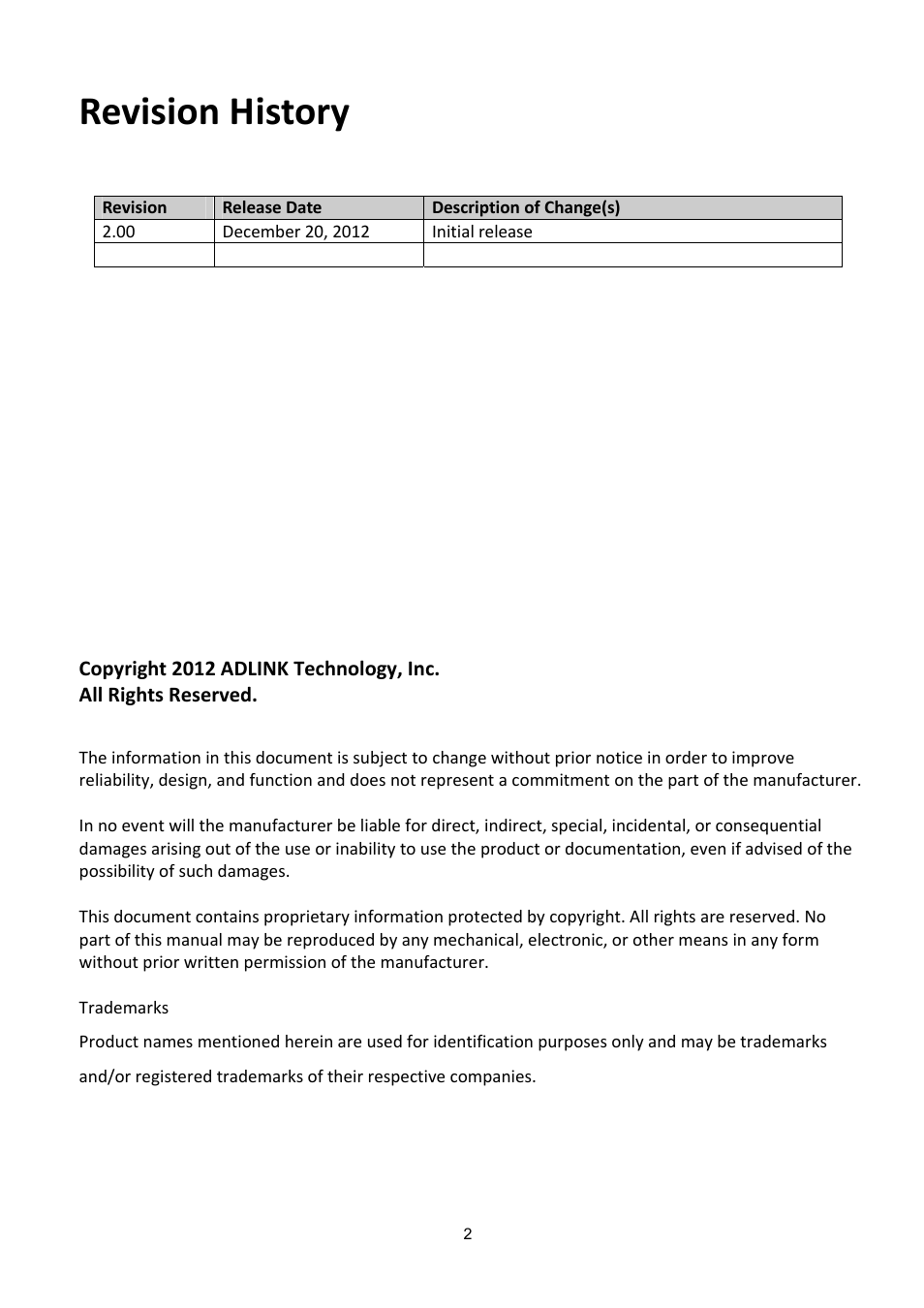 Revision history | ADLINK aTCA-6200A User Manual | Page 2 / 91