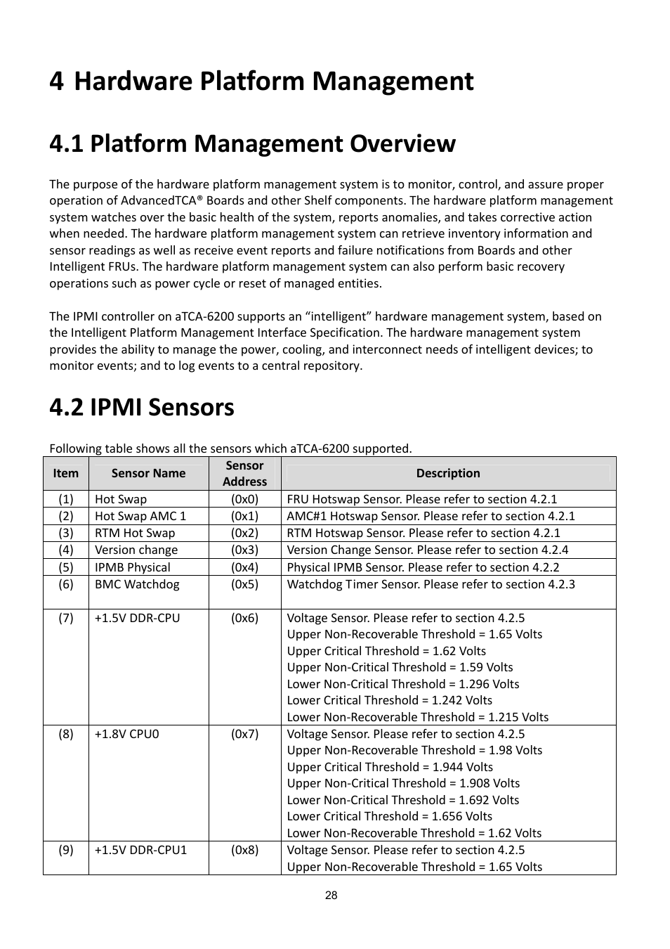 4 hardware platform management, 1 platform management overview, 2 ipmi sensors | Hardware platform management, Latform, Anagement, Verview, Ipmi, Ensors | ADLINK aTCA-6200A User Manual | Page 28 / 91