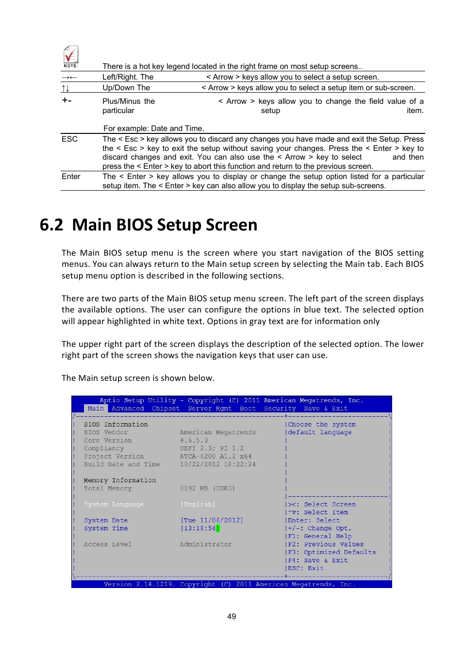 2 main bios setup screen, Bios, Etup | Creen | ADLINK aTCA-6200A User Manual | Page 49 / 91