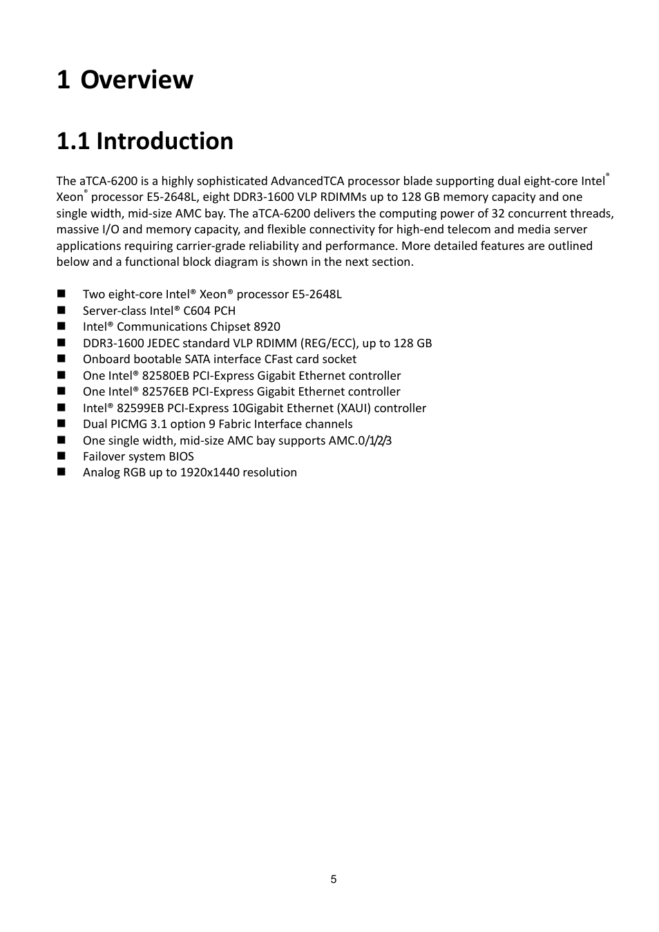 1 overview, 1 introduction, Overview | Ntroduction | ADLINK aTCA-6200A User Manual | Page 5 / 91