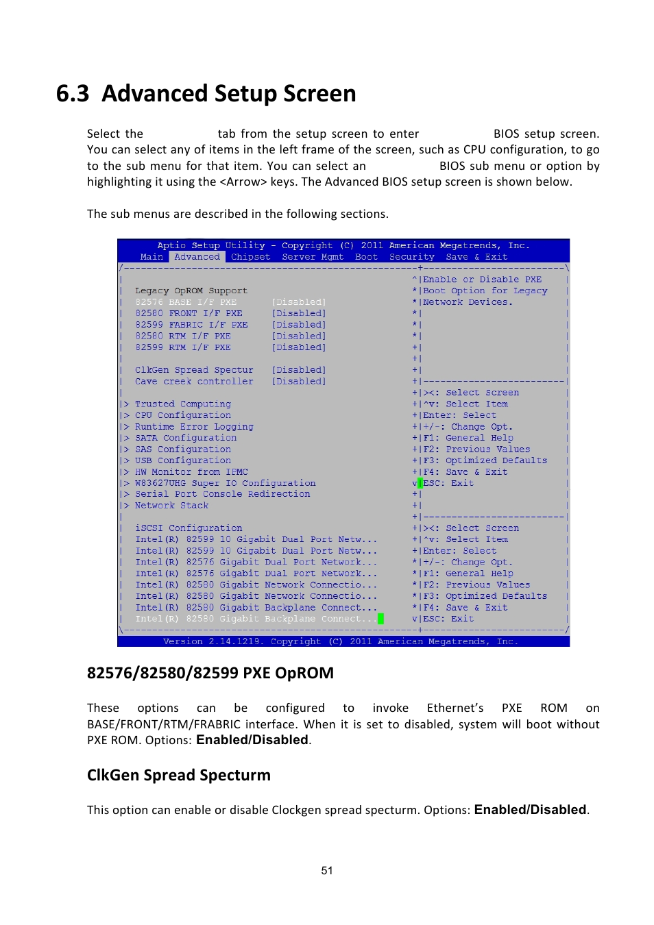 3 advanced setup screen, Dvanced, Etup | Creen, Clkgen spread specturm | ADLINK aTCA-6200A User Manual | Page 51 / 91