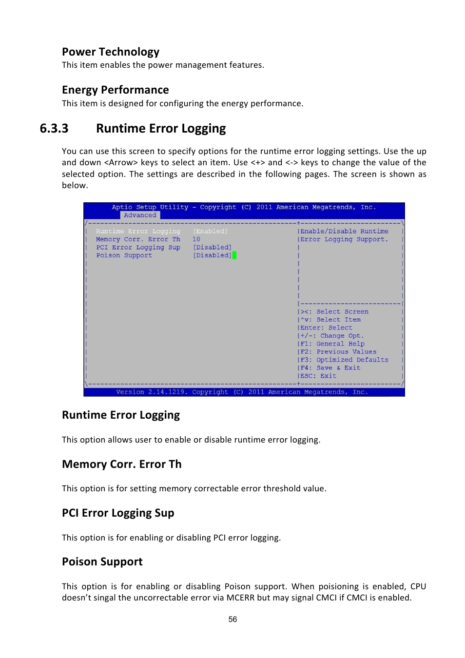 Untime, Rror, Ogging | 3 runtime error logging, Power technology, Energy performance, Runtime error logging, Pci error logging sup, Poison support | ADLINK aTCA-6200A User Manual | Page 56 / 91