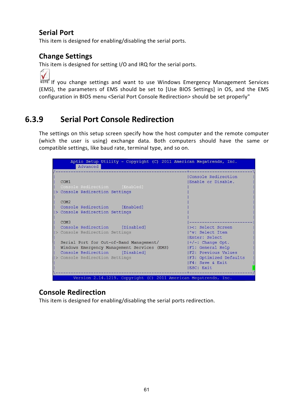 Erial, Onsole, Edirection | 9 serial port console redirection, Serial port, Change settings, Console redirection | ADLINK aTCA-6200A User Manual | Page 61 / 91