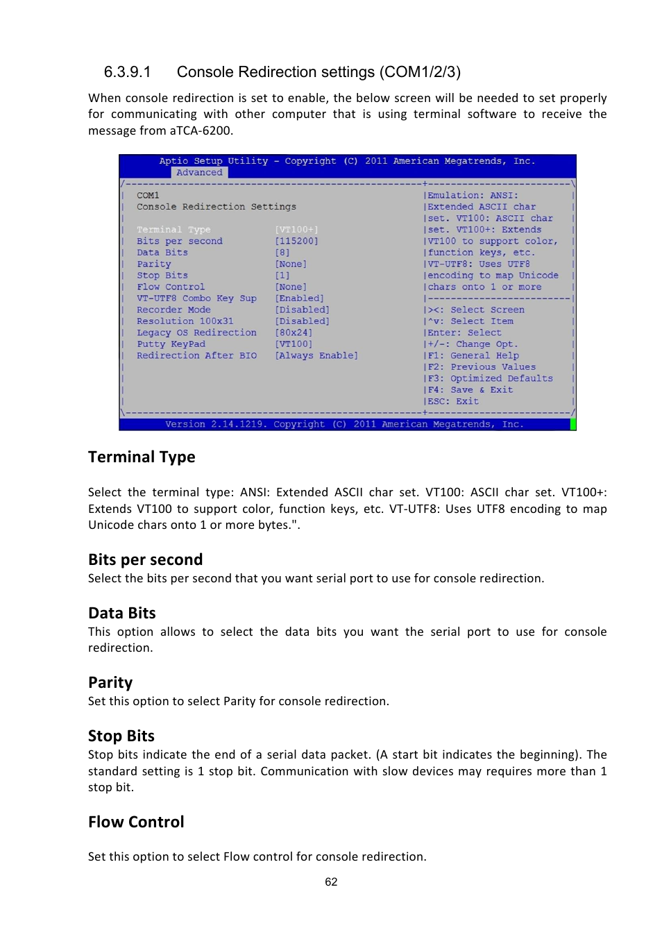 Terminal type, Bits per second, Data bits | Parity, Stop bits, Flow control | ADLINK aTCA-6200A User Manual | Page 62 / 91