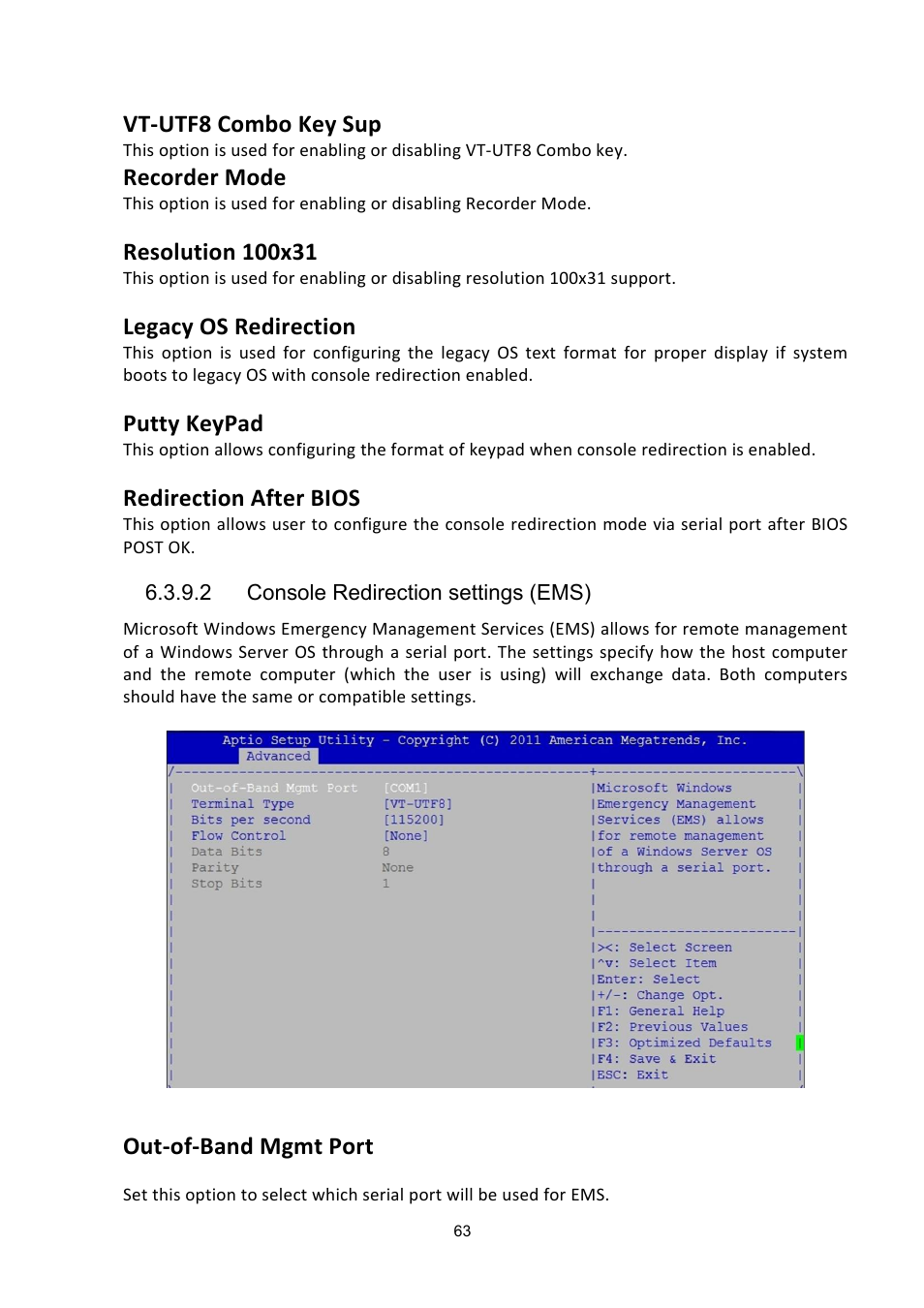 Vt-utf8 combo key sup, Recorder mode, Legacy os redirection | Putty keypad, Redirection after bios, Out-of-band mgmt port | ADLINK aTCA-6200A User Manual | Page 63 / 91