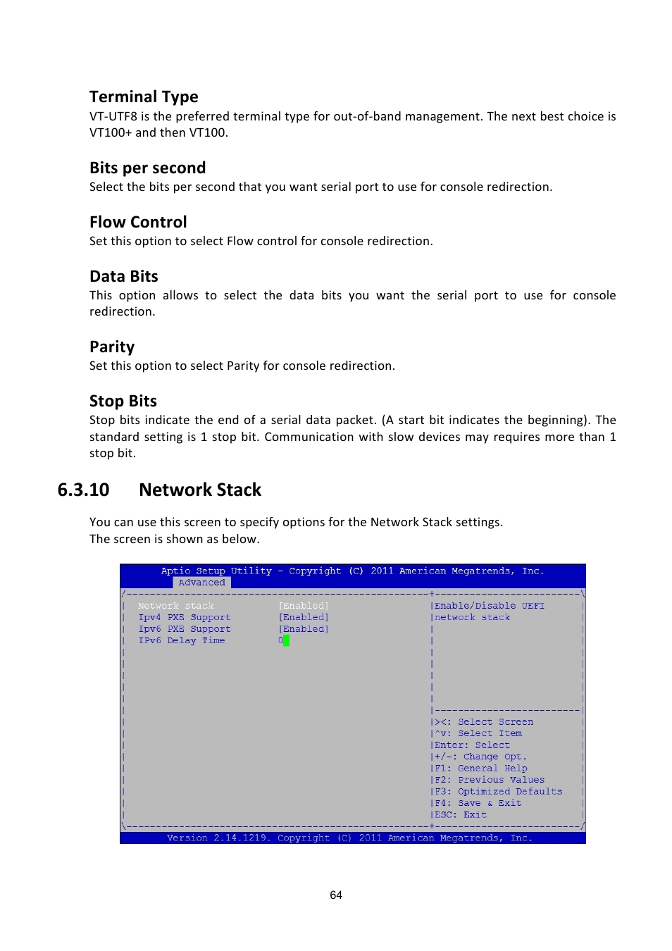 Etwork, Tack, 10 network stack | Terminal type, Bits per second, Flow control, Data bits, Parity, Stop bits | ADLINK aTCA-6200A User Manual | Page 64 / 91