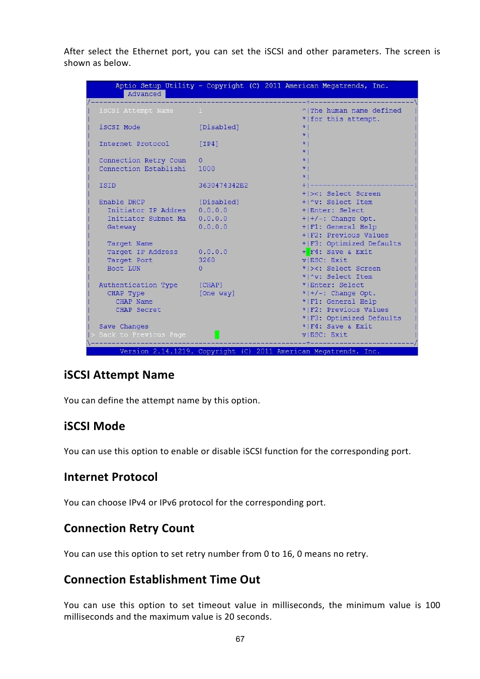 Iscsi attempt name, Iscsi mode, Internet protocol | Connection retry count, Connection establishment time out | ADLINK aTCA-6200A User Manual | Page 67 / 91