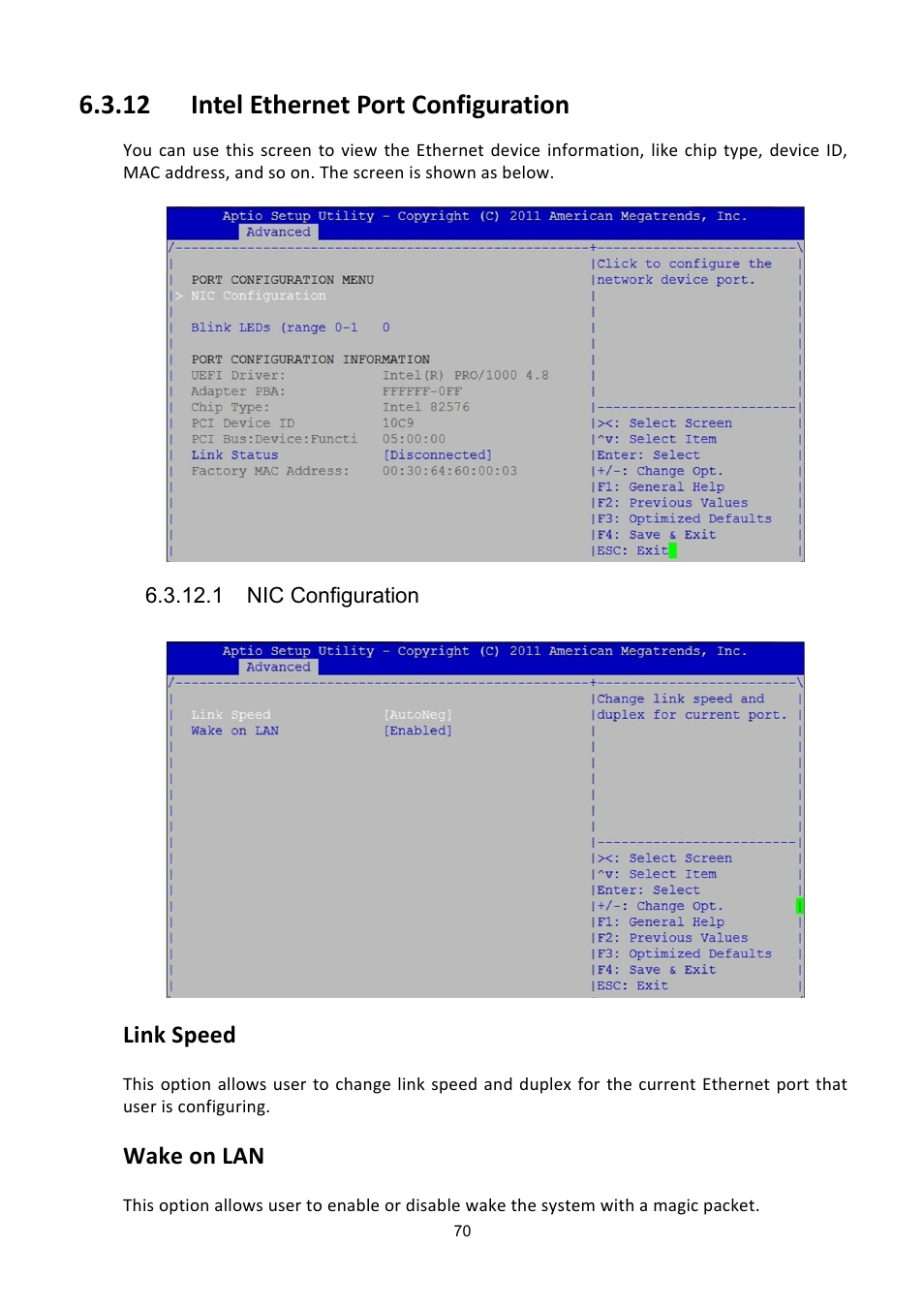 Ntel, Thernet, Onfiguration | 12 intel ethernet port configuration, Link speed, Wake on lan | ADLINK aTCA-6200A User Manual | Page 70 / 91