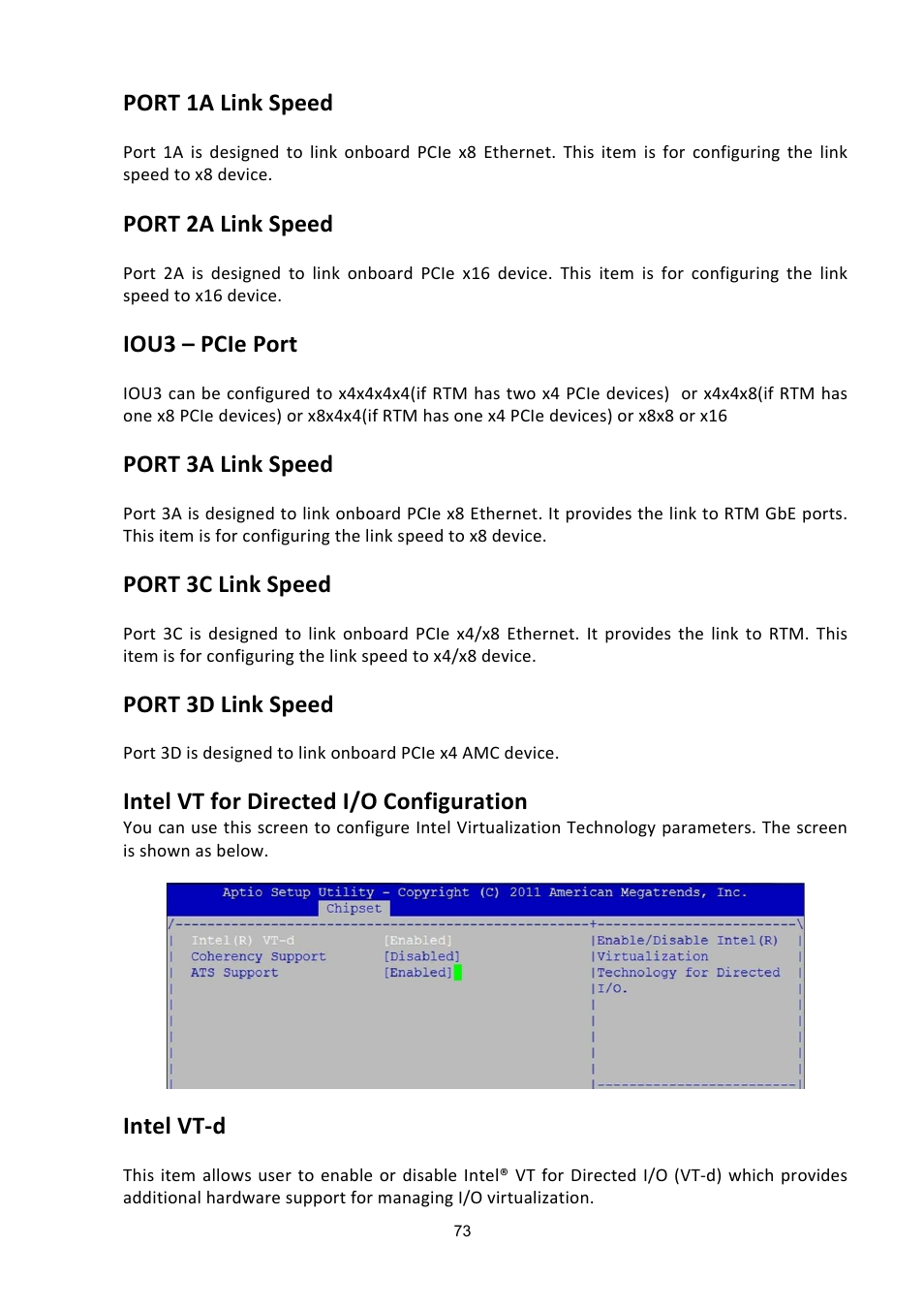 Port 1a link speed, Port 2a link speed, Iou3 – pcie port | Port 3a link speed, Port 3c link speed, Port 3d link speed, Intel vt for directed i/o configuration, Intel vt-d | ADLINK aTCA-6200A User Manual | Page 73 / 91