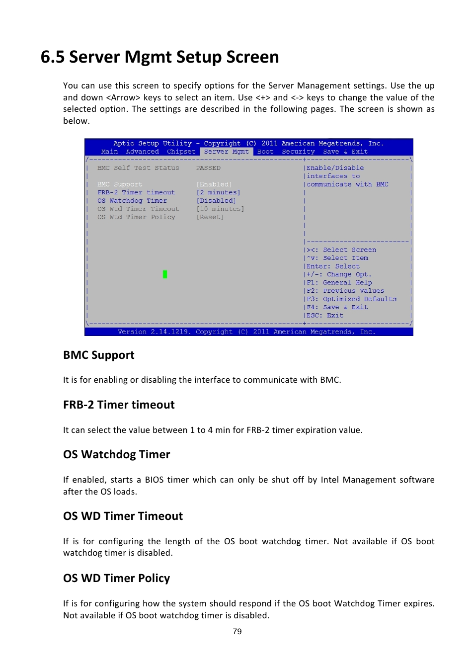 5 server mgmt setup screen, Erver, Etup | Creen, Bmc support, Frb-2 timer timeout, Os watchdog timer, Os wd timer timeout, Os wd timer policy | ADLINK aTCA-6200A User Manual | Page 79 / 91