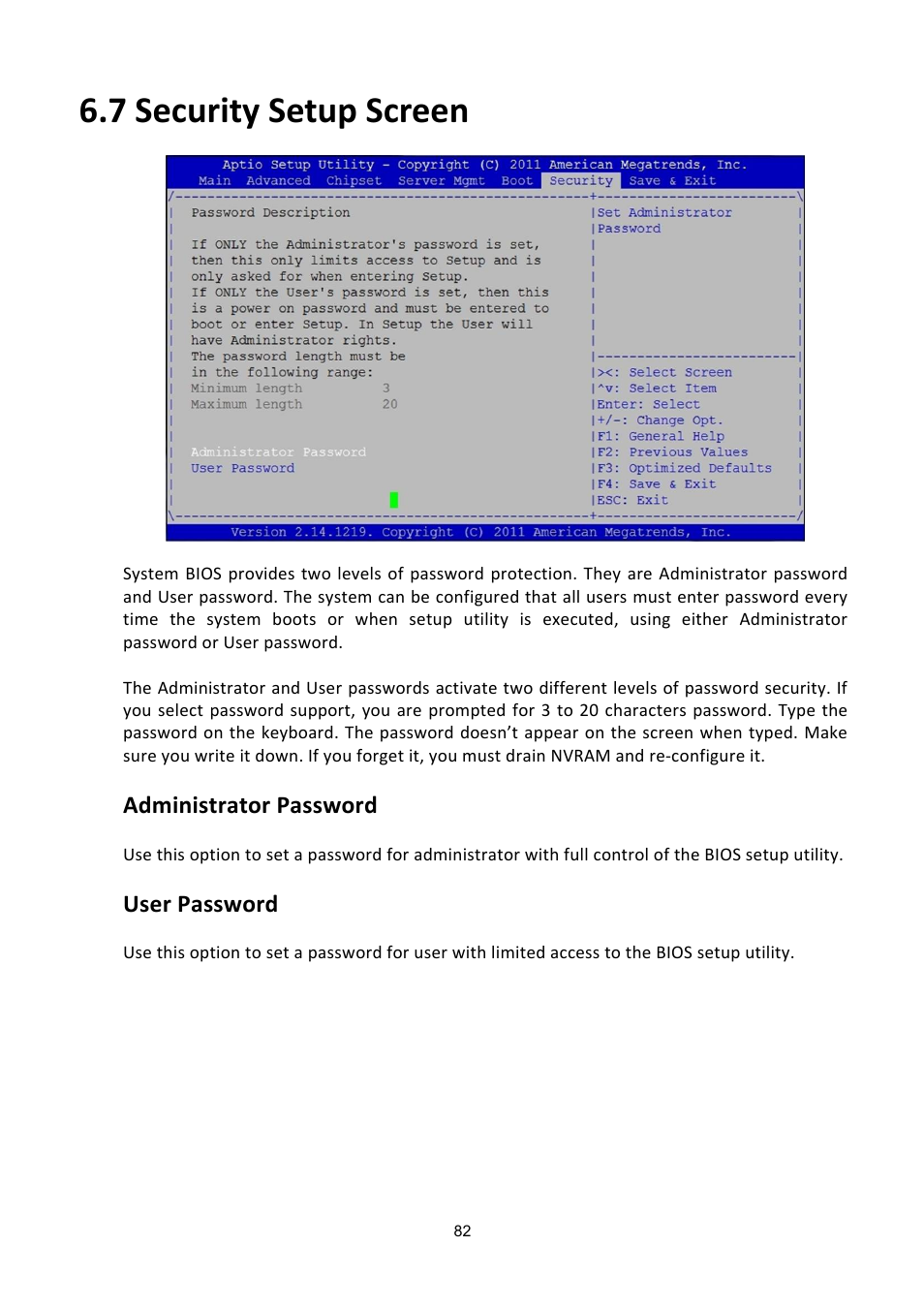 7 security setup screen, Ecurity, Etup | Creen, Administrator password, User password | ADLINK aTCA-6200A User Manual | Page 82 / 91